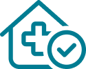 Icon illustration of medical facility with check mark.